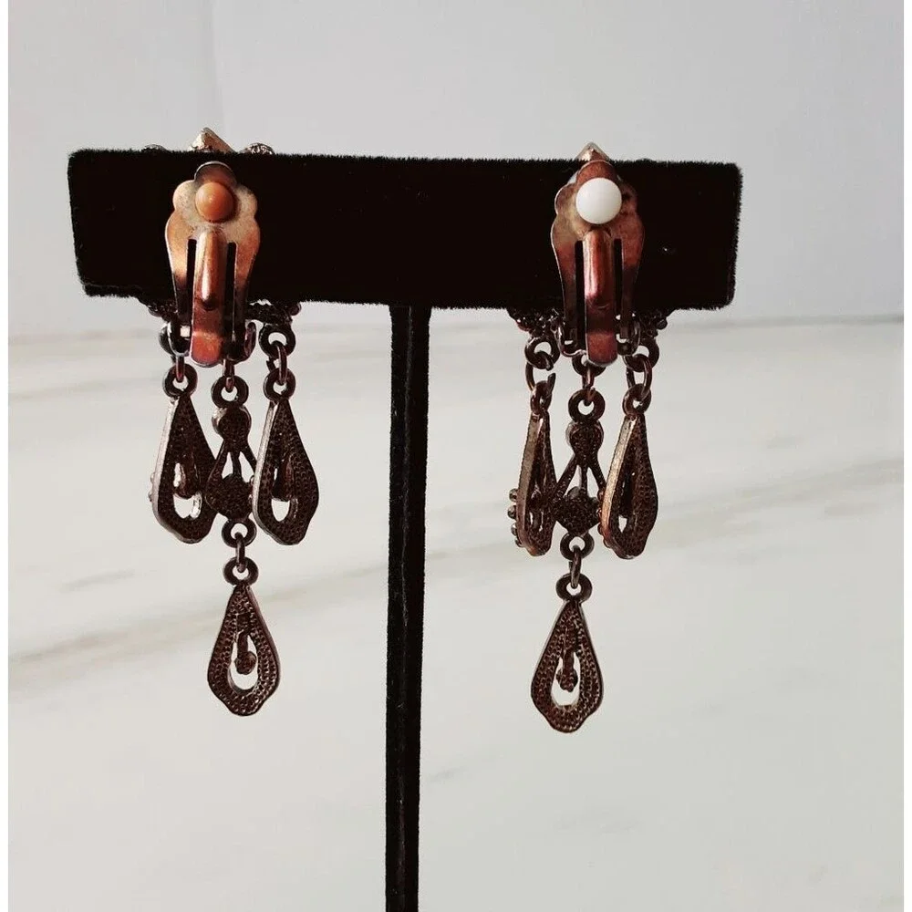 Victorian Styled Red Crystal | AB Chandelier 3 Dangle Clip-On Earrings - Vtg